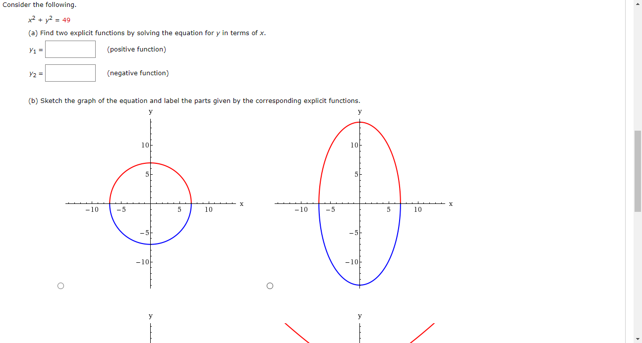 Solved Consider the following. x2 + y2 = 49 (a) Find two | Chegg.com