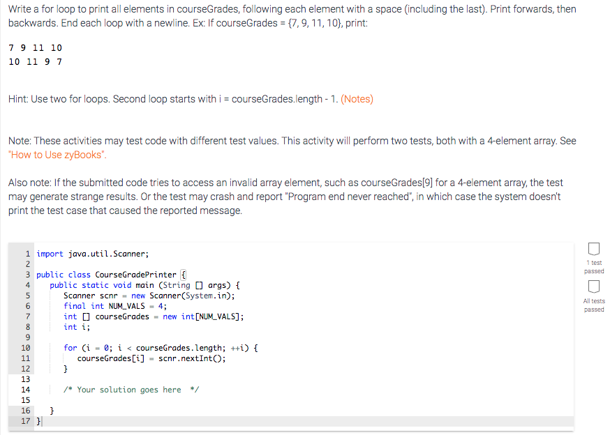 Solved Write a for loop to print all elements in | Chegg.com