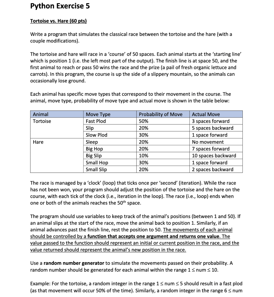 Solved Python Exercise 5 Tortoise Vs Hare 60 Pts Write A Chegg