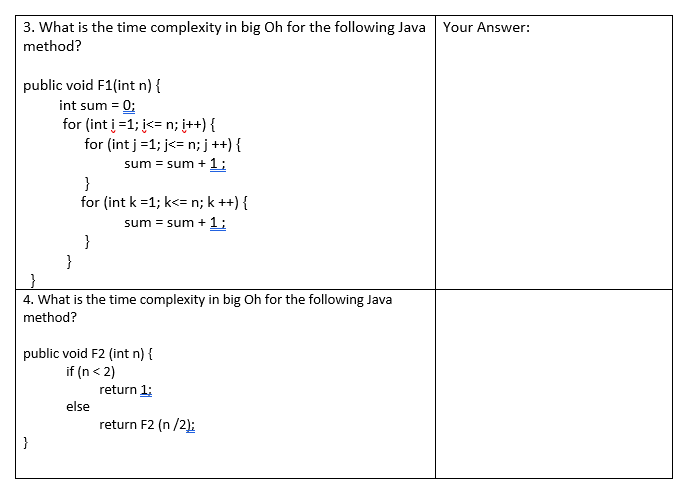 Solved 3. What is the time complexity in big Oh for the | Chegg.com