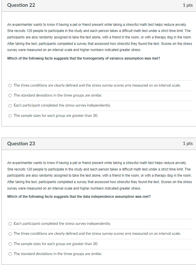 Solved Question 22 1 pts An experimenter wants to know if | Chegg.com