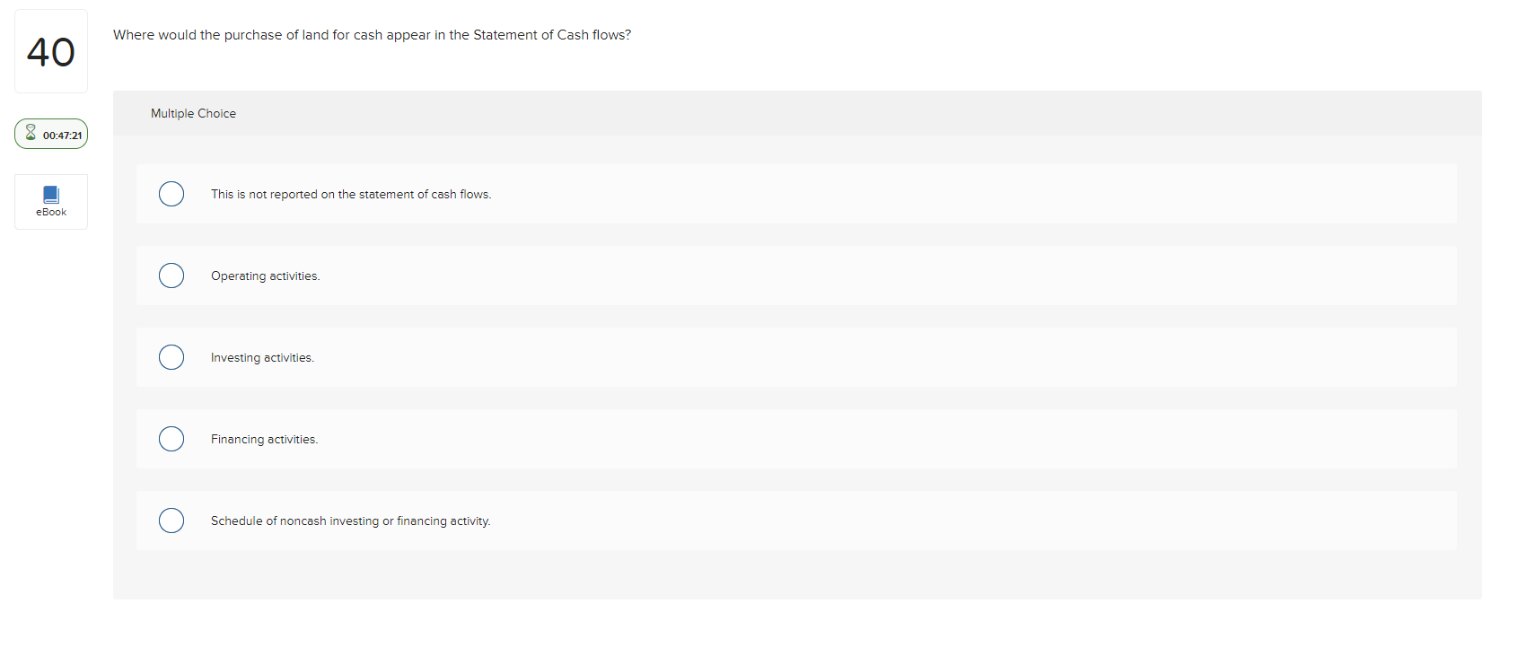 Solved Where would the purchase of land for cash appear in