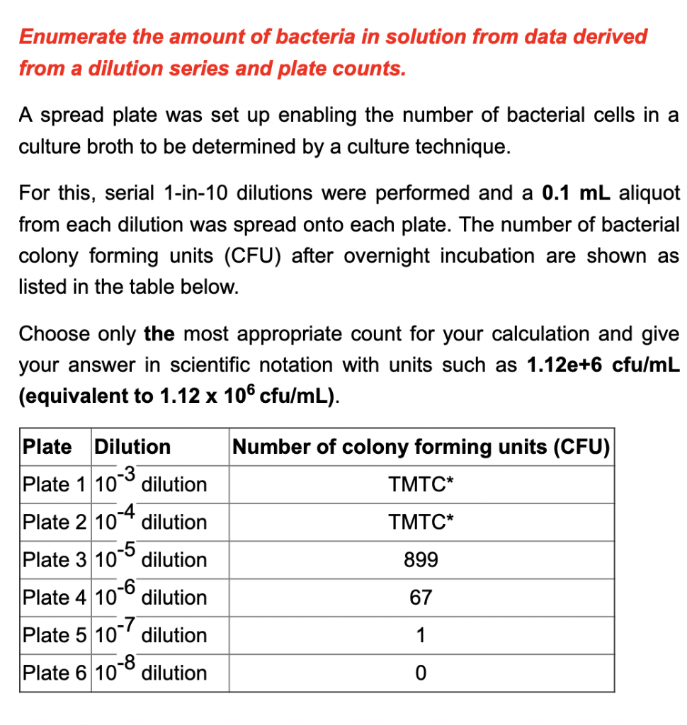 Solved Enumerate the amount of bacteria in solution from | Chegg.com