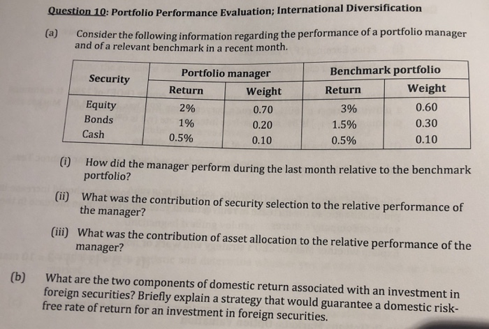 Solved Question 10: Portfolio Performance Evaluation; | Chegg.com