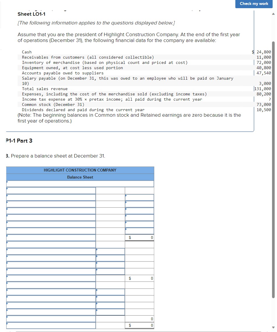 Solved repare a balance sheet at December 31. | Chegg.com