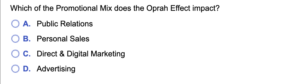Solved Which of the Promotional Mix does the Oprah Effect | Chegg.com