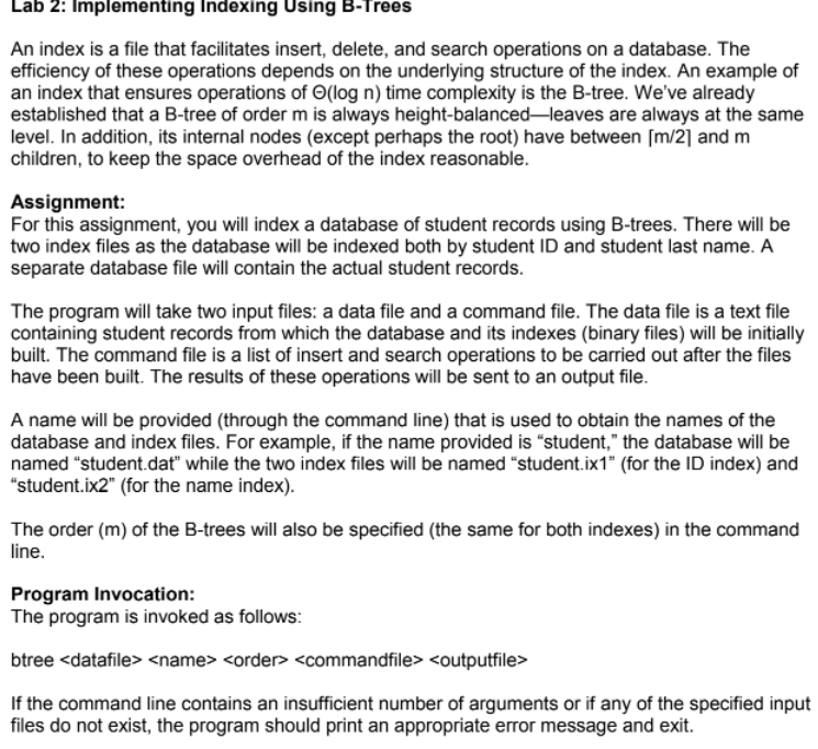 Solved Lab 2: Implementing Indexing Using B-Trees An Index | Chegg.com