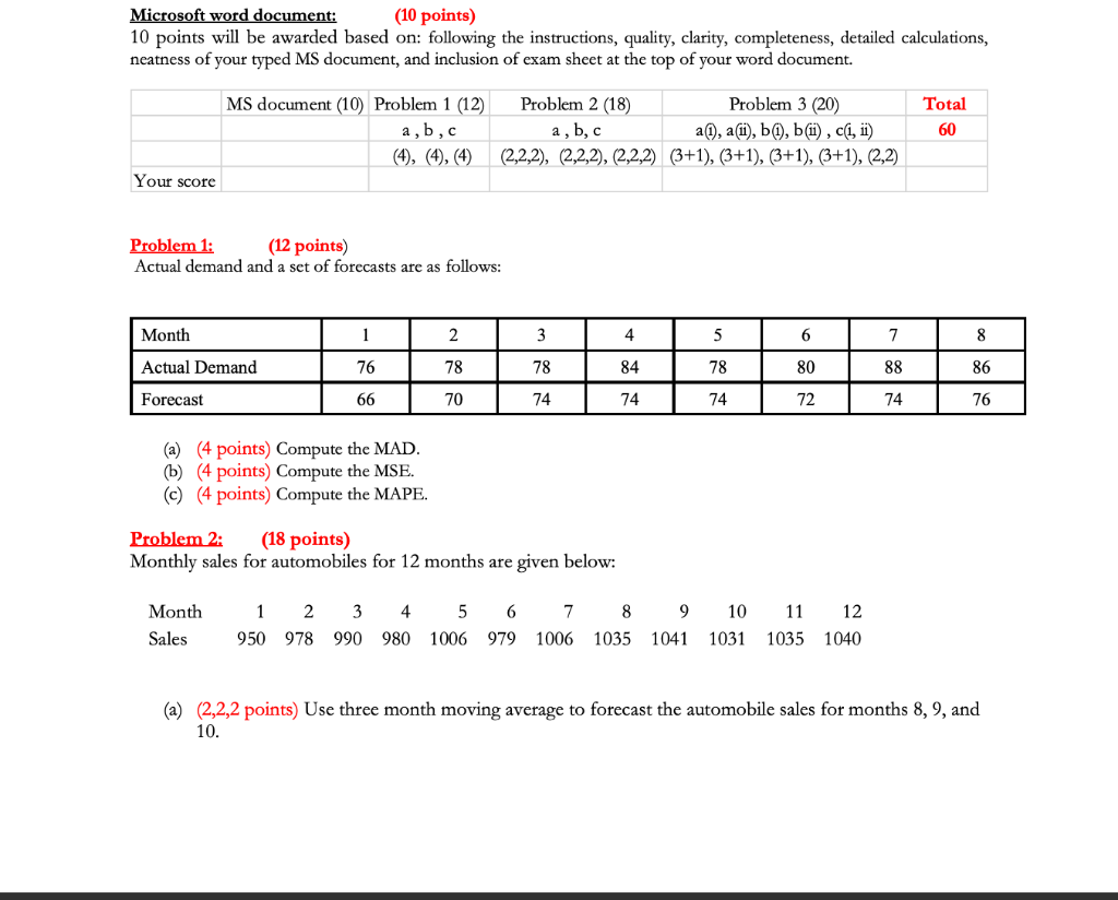 Solved Problem 1: 442 points) Actual demand and a set of | Chegg.com
