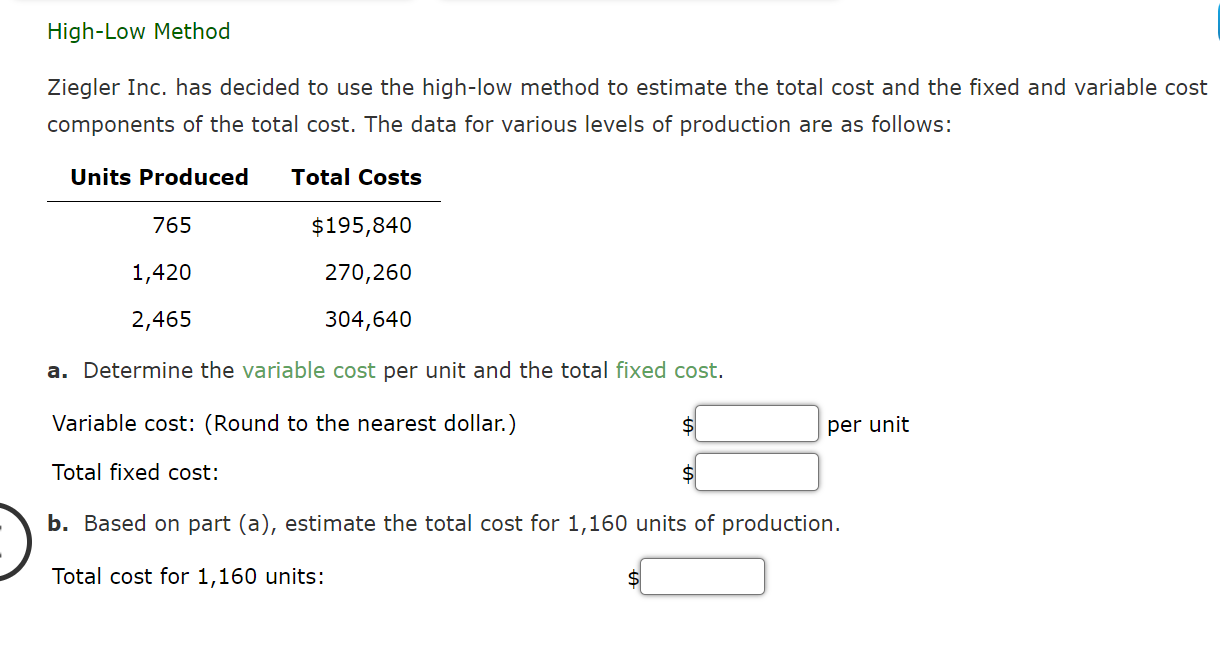 Solved High-Low Method Ziegler Inc. has decided to use the | Chegg.com