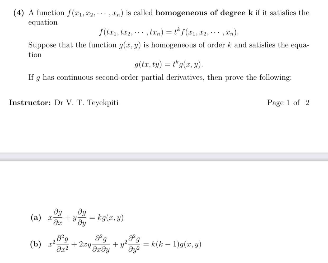 Solved In) is called homogeneous of degree k if it satisfies | Chegg.com