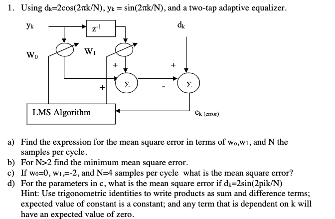 Solved 1. Using dk=2cos(2πk/N),yk=sin(2πk/N), and a two-tap | Chegg.com