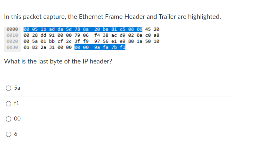 In this packet capture, the Ethernet Frame Header and Trailer are highlighted.
What is the last byte of the IP header?
\( 5 a