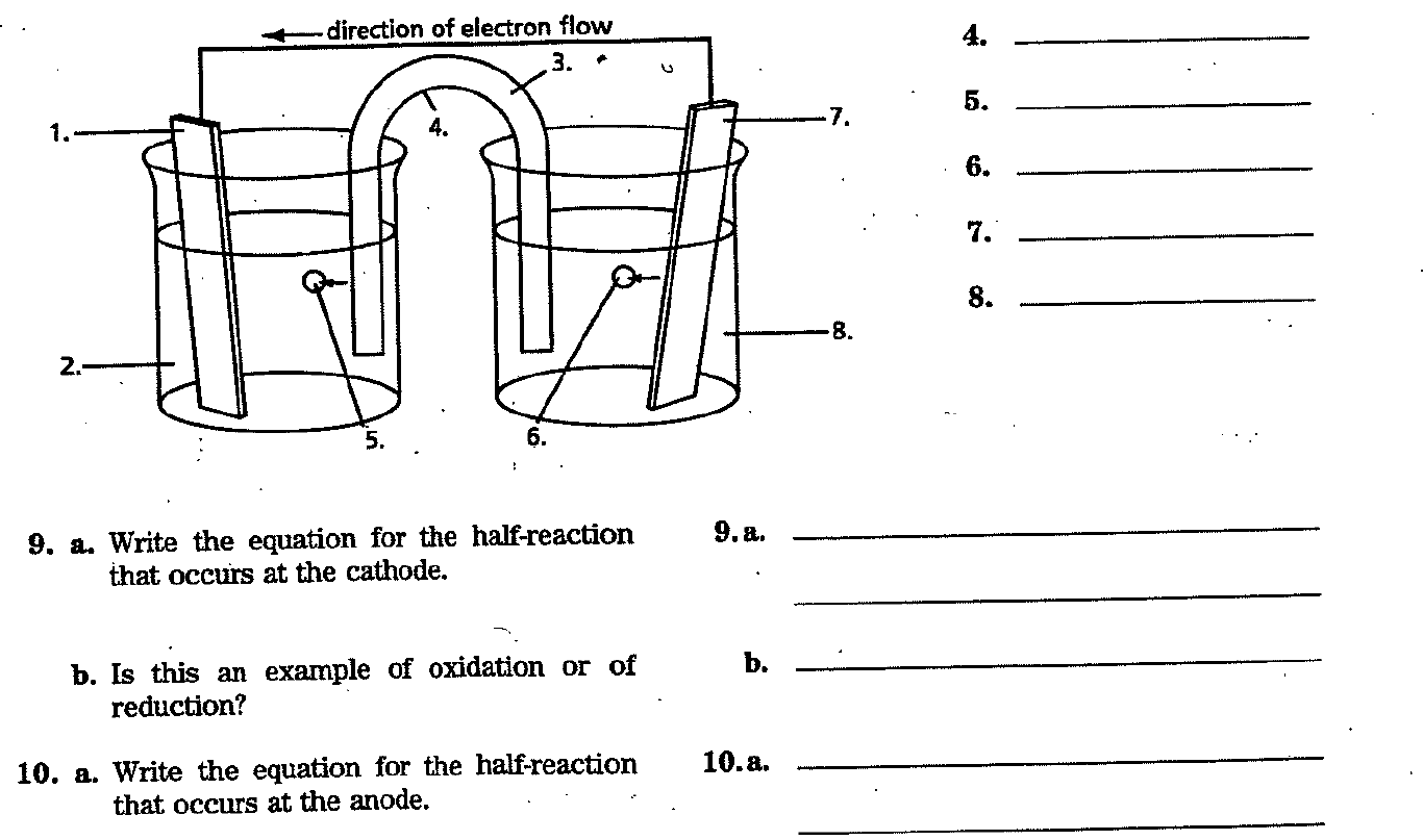 direction of electron flow
3. *
2.
6.
9. a. Write the equation for the half-reaction
that occurs at the cathode.
b. Is this a