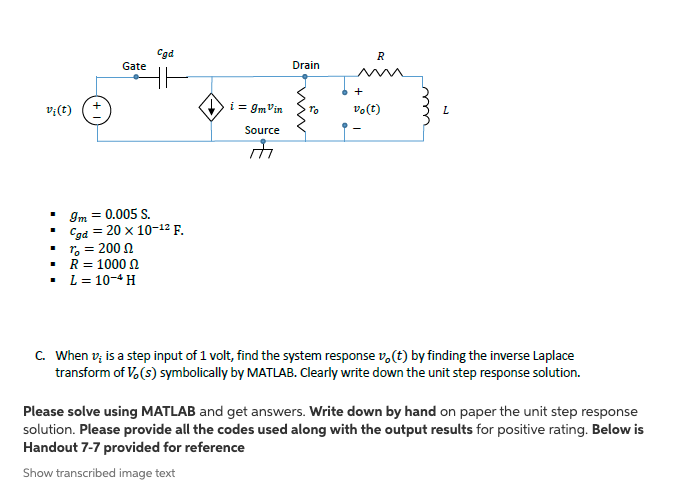 Solved Gole ir Drain vi(t) + @ i= embin so = Im Vin Srov.(t) | Chegg.com