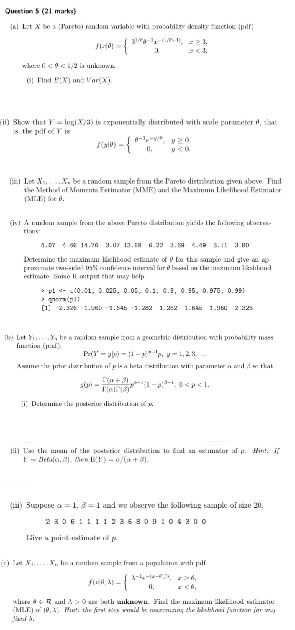 Question 5 21 Marks A Let X Be A Pareto Rand Chegg Com