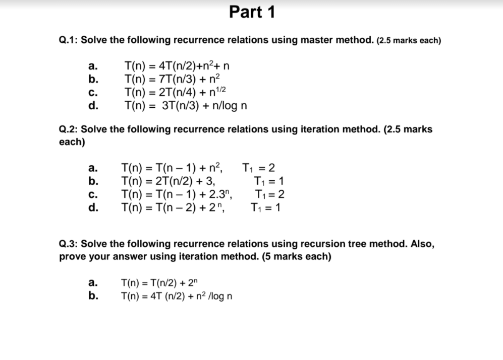 Solved Part 1 Q1 Solve The Following Recurrence Relations 6603