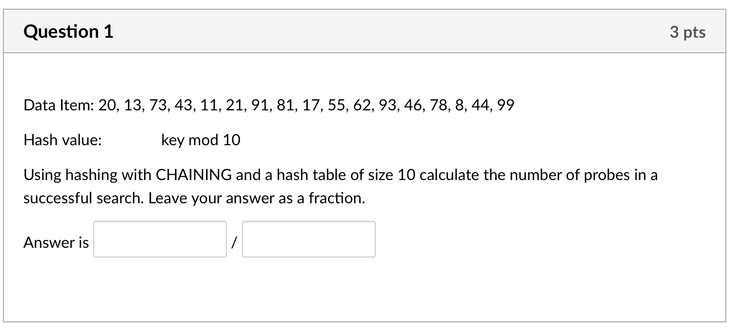 Solved Question 1 3 pts Data Item: 20, 13, 73, 43, 11, 21, | Chegg.com