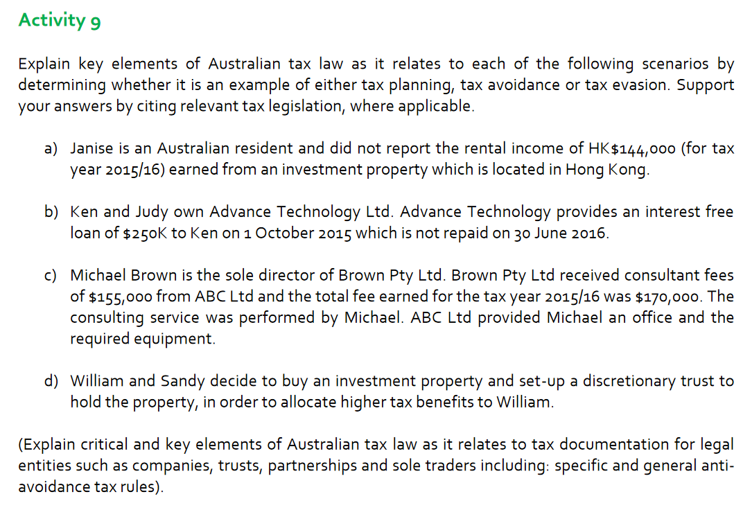 Post sæt håndtering Solved Activity 9 Explain key elements of Australian tax law | Chegg.com