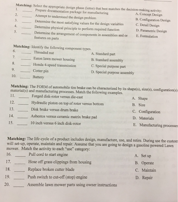 Solved Matching: Select the appropriate design phase | Chegg.com