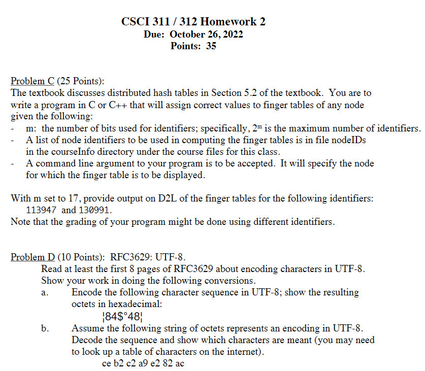 CSCI 311 / 312 Homework 2 Due: October 26, 2022 | Chegg.com