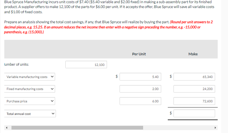 Blue Spruce Manufacturing incurs unit costs of \( \$ 7.40(\$ 5.40 \) variable and \( \$ 2.00 \) fixed) in making a sub-assemb