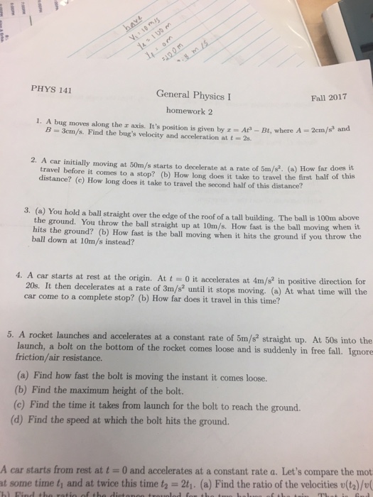 Solved PHYS 141 General Physics I Fall 2017 Homework 2 1. A | Chegg.com