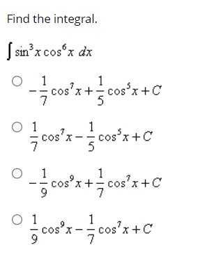 Find the integral. \[ \begin{array}{l} \int \sin ^{3} x \cos ^{6} x d x \\ -\frac{1}{7} \cos ^{7} x+\frac{1}{5} \cos ^{5} x+C