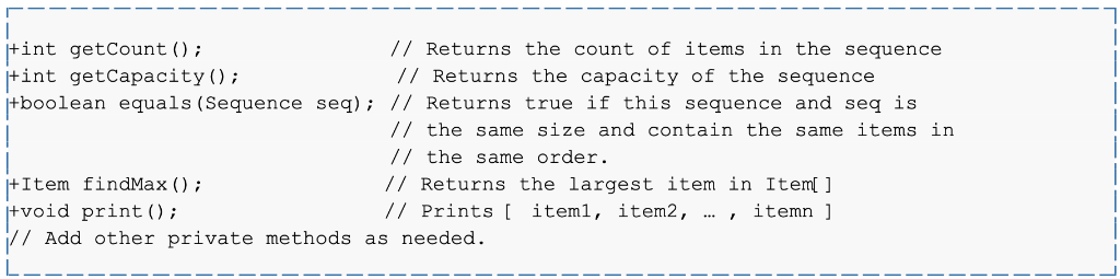 ---------------- --- --- --- --- ---- ------------- -- - +int getCount(); // Returns the count of items in the sequence +int