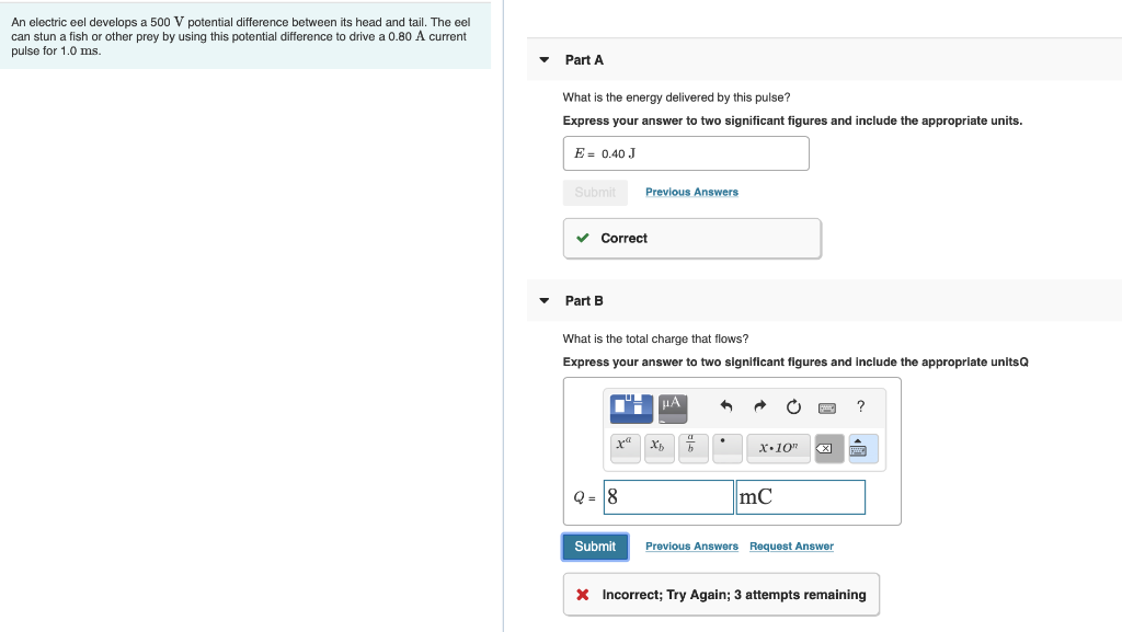 Solved An electric eel develops a 500 V potential difference