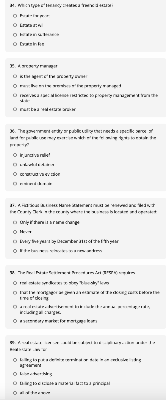 Solved 34. Which type of tenancy creates a freehold estate?