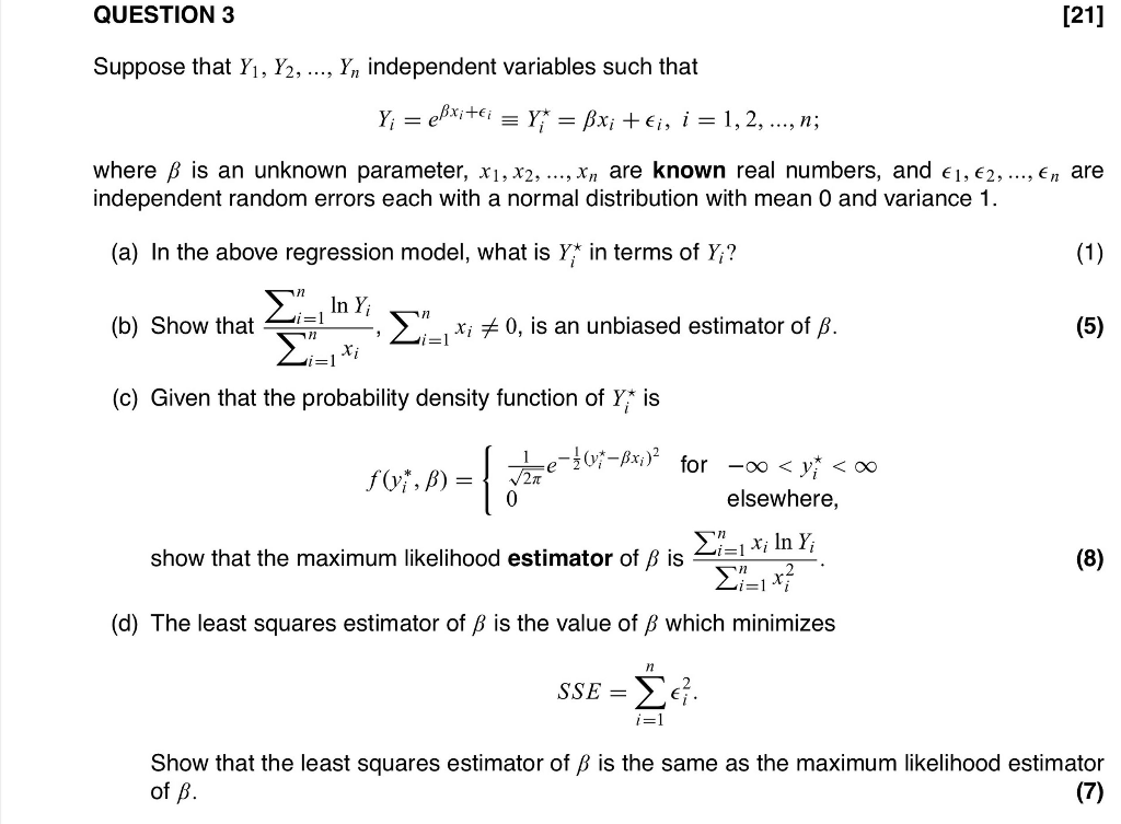 Solved QUESTION 3 21 Suppose That Y1 Y2 Yn Chegg