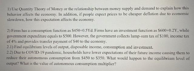 Solved 1) Use Quantity Theory Of Money Or The Relationship | Chegg.com