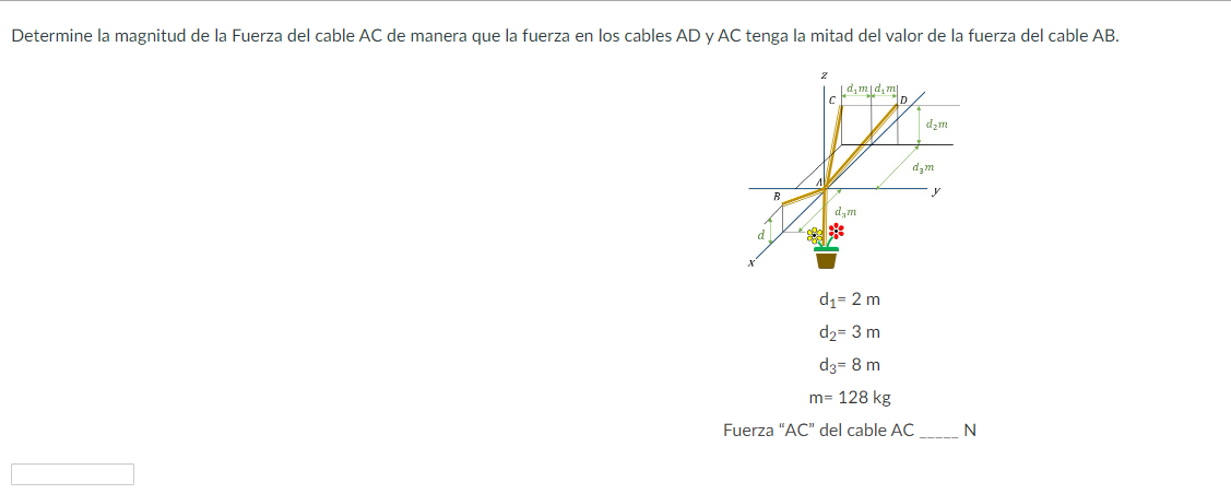 Determine la magnitud de la Fuerza del cable AC de manera que la fuerza en los cables AD y AC tenga la mitad del valor de la