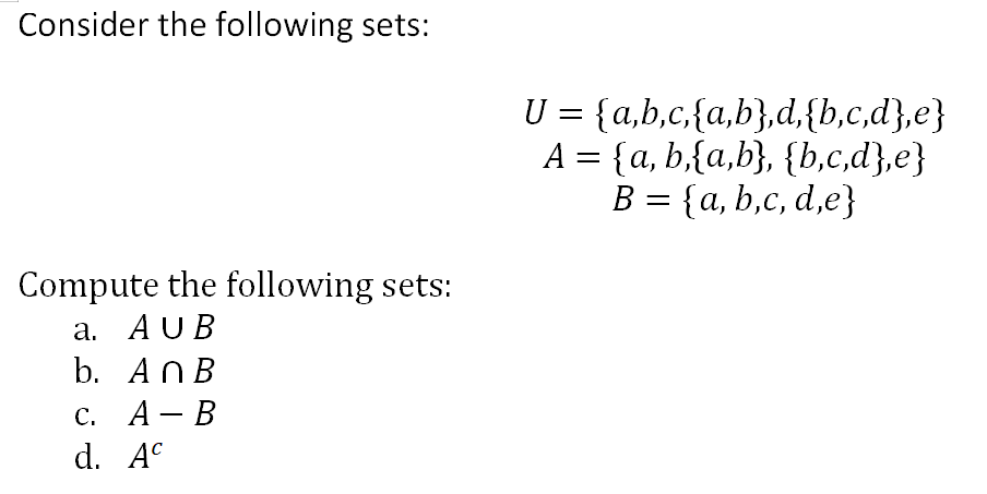 Solved Consider The Following Sets: = U= | Chegg.com