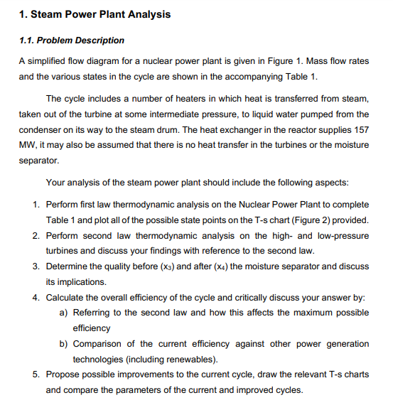 Solved 1. Steam Power Plant Analysis 1.1. Problem | Chegg.com