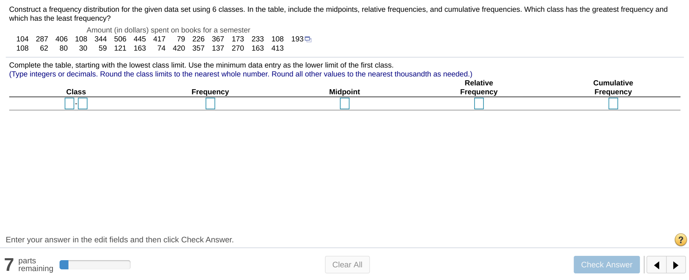 Solved Construct a frequency distribution for the given data | Chegg.com