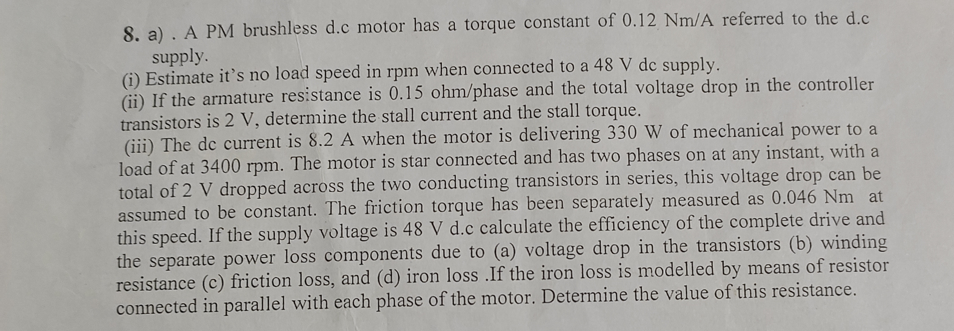 8. a) A PM brushless d.c motor has a torque constant | Chegg.com