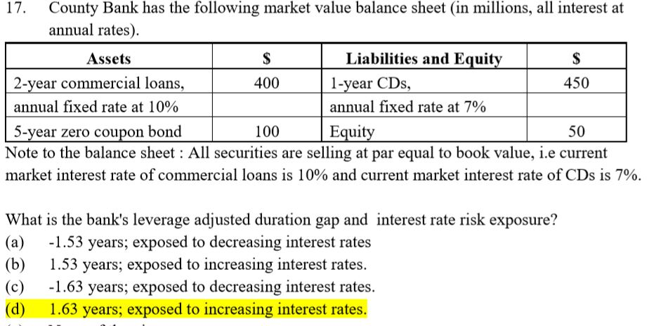 19. The following is a bank s balance sheet Amount Chegg