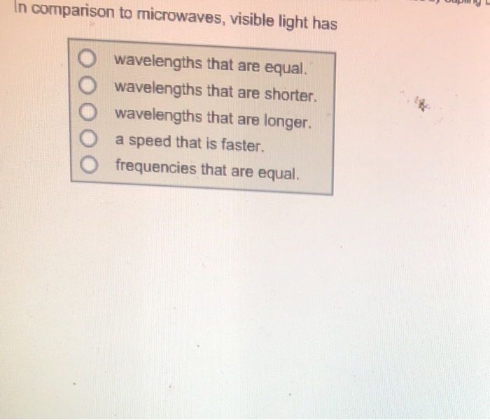 Solved In comparison to microwaves, visible light has O