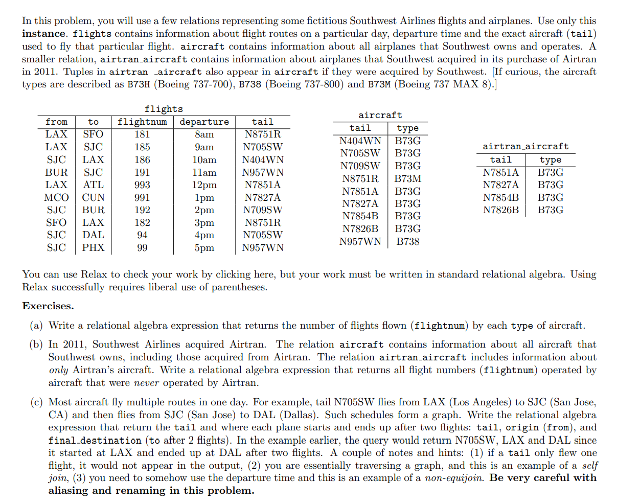 in-this-problem-you-will-use-a-few-relations-representing-some-fictitious-southwest-airlines