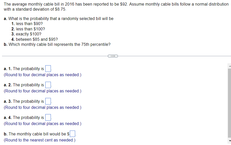 Solved The average monthly cable bill in 2016 has been
