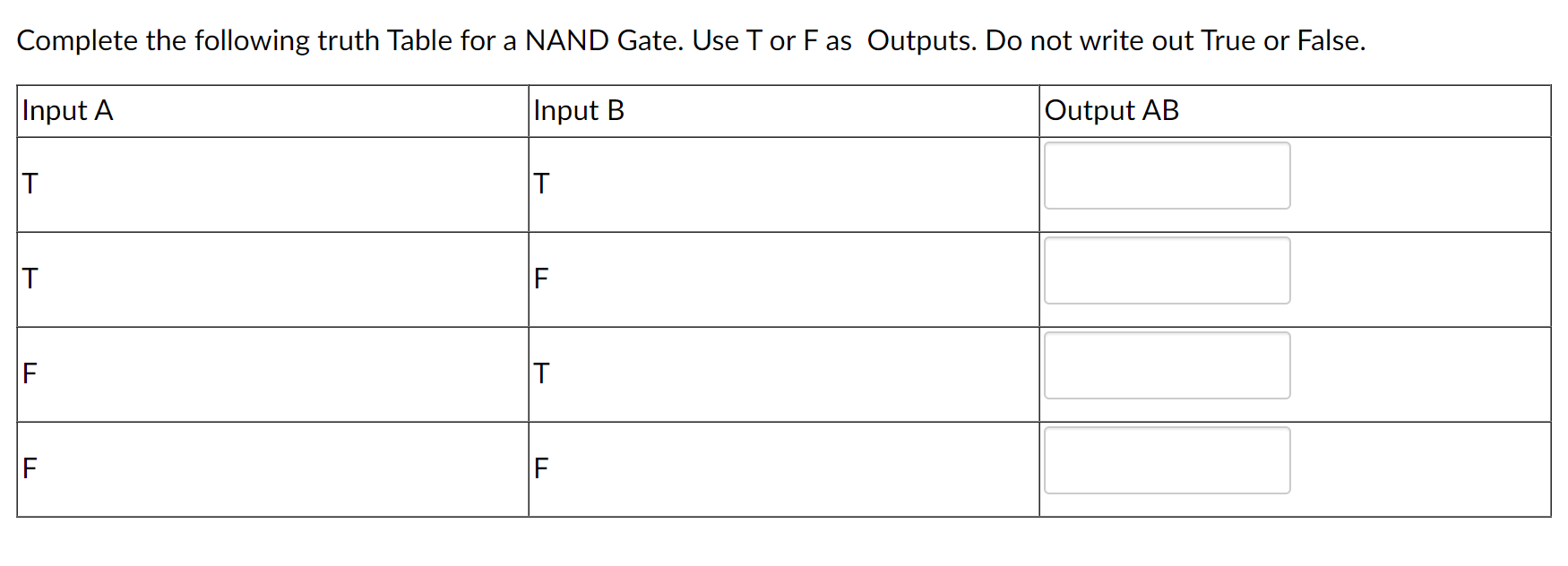 Solved Complete the following truth Table for a NAND Gate. | Chegg.com