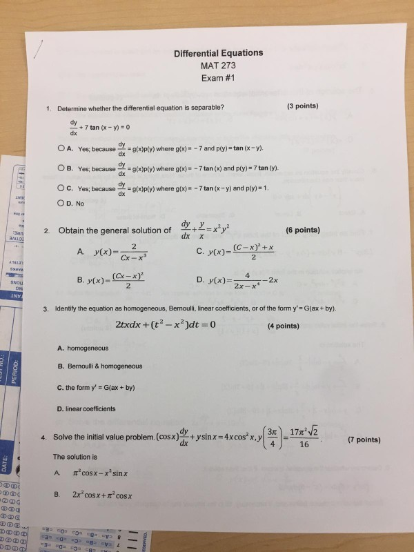 ... Exam #1 Determin Solved: 1. MAT Differential Equations 273