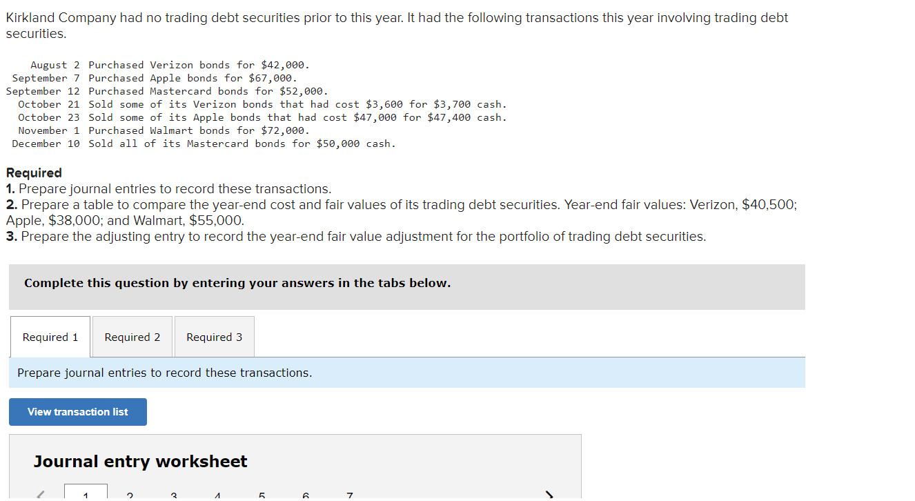 Solved Kirkland Company had no trading debt securities prior