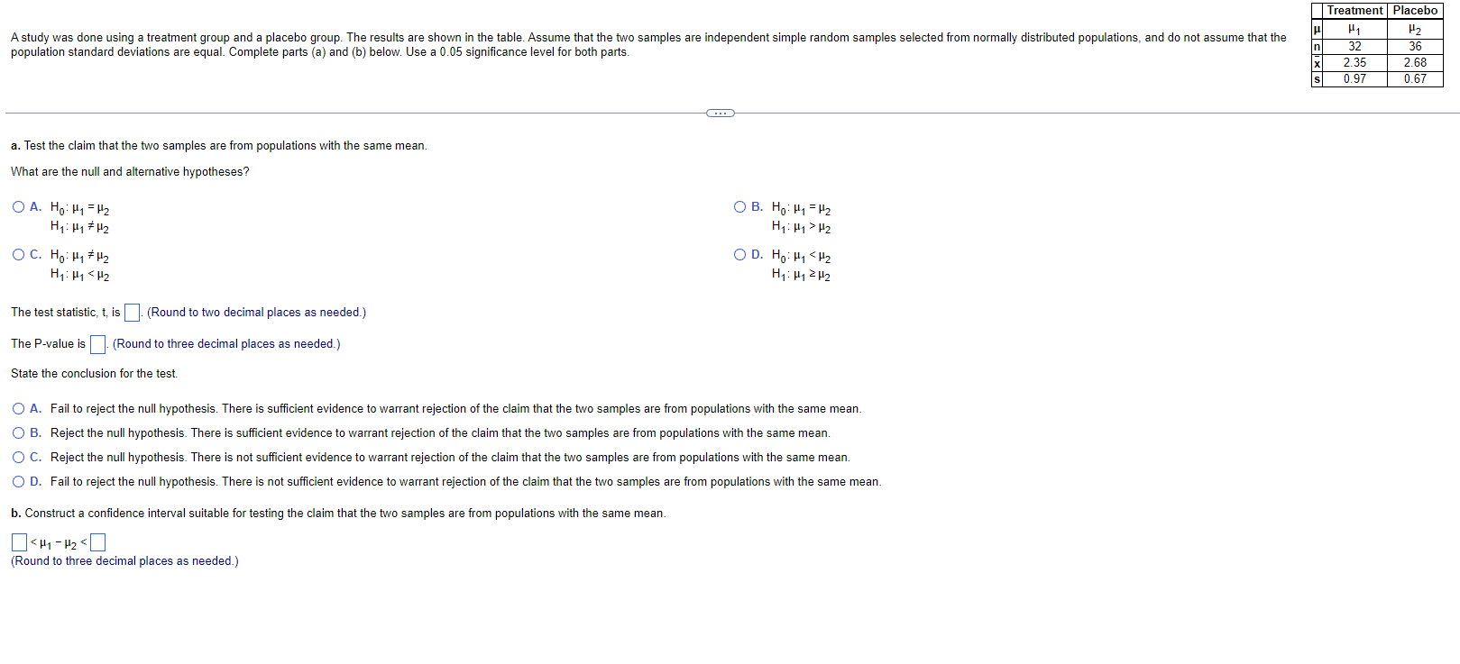 Solved population standard deviations are equal. Complete | Chegg.com