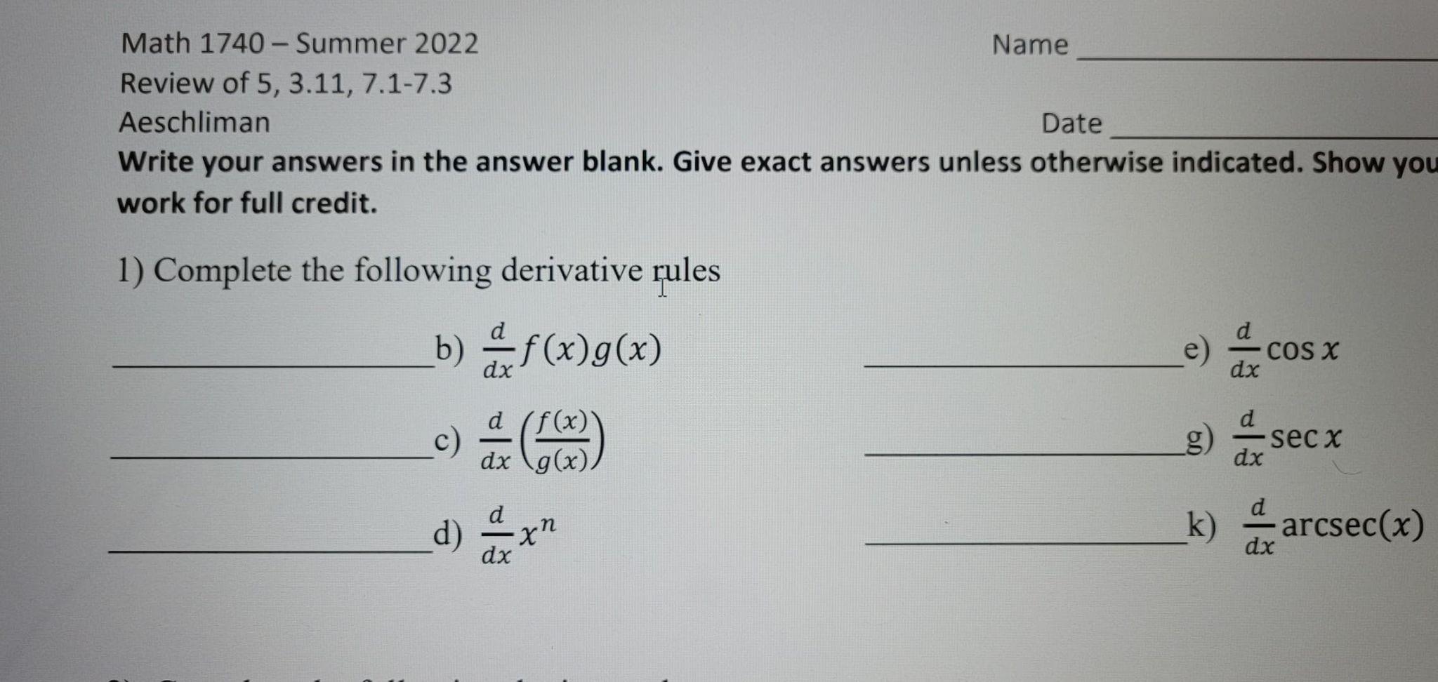 Solved Math 1740 - Summer 2022 Name Review of 5, 3.11, | Chegg.com