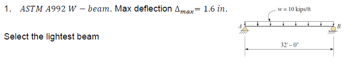 Solved by an EXPERT ASTM A992 W-beam. Max deflection Δmax=1.6in.Select ...