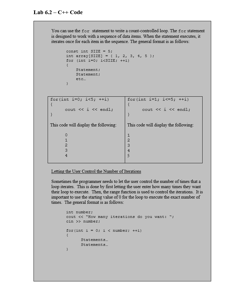 Solved Lab 6.2 - C++ Code You can use the for statement to | Chegg.com