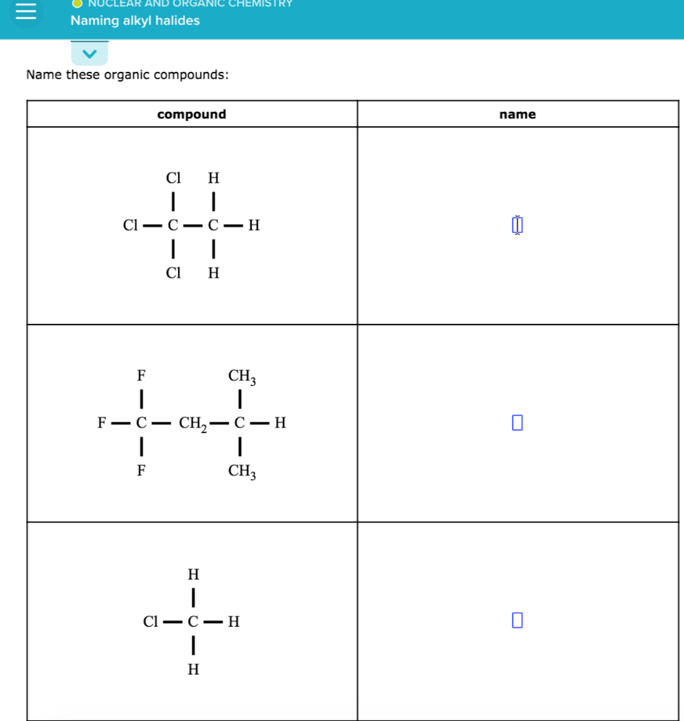 Solved Uclear And Organic Chemistry Naming Alkyl Halides Chegg Com