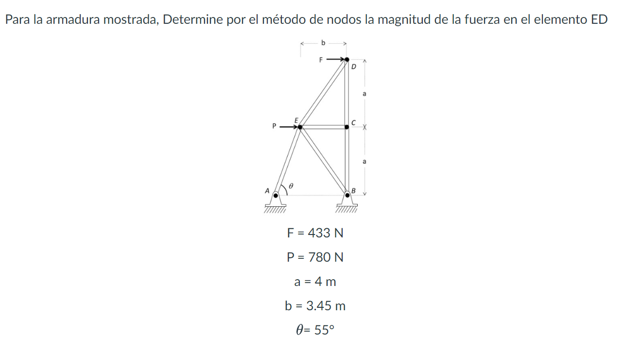 Para la armadura mostrada, Determine por el método de nodos la magnitud de la fuerza en el elemento ED \[ \begin{array}{c} F=